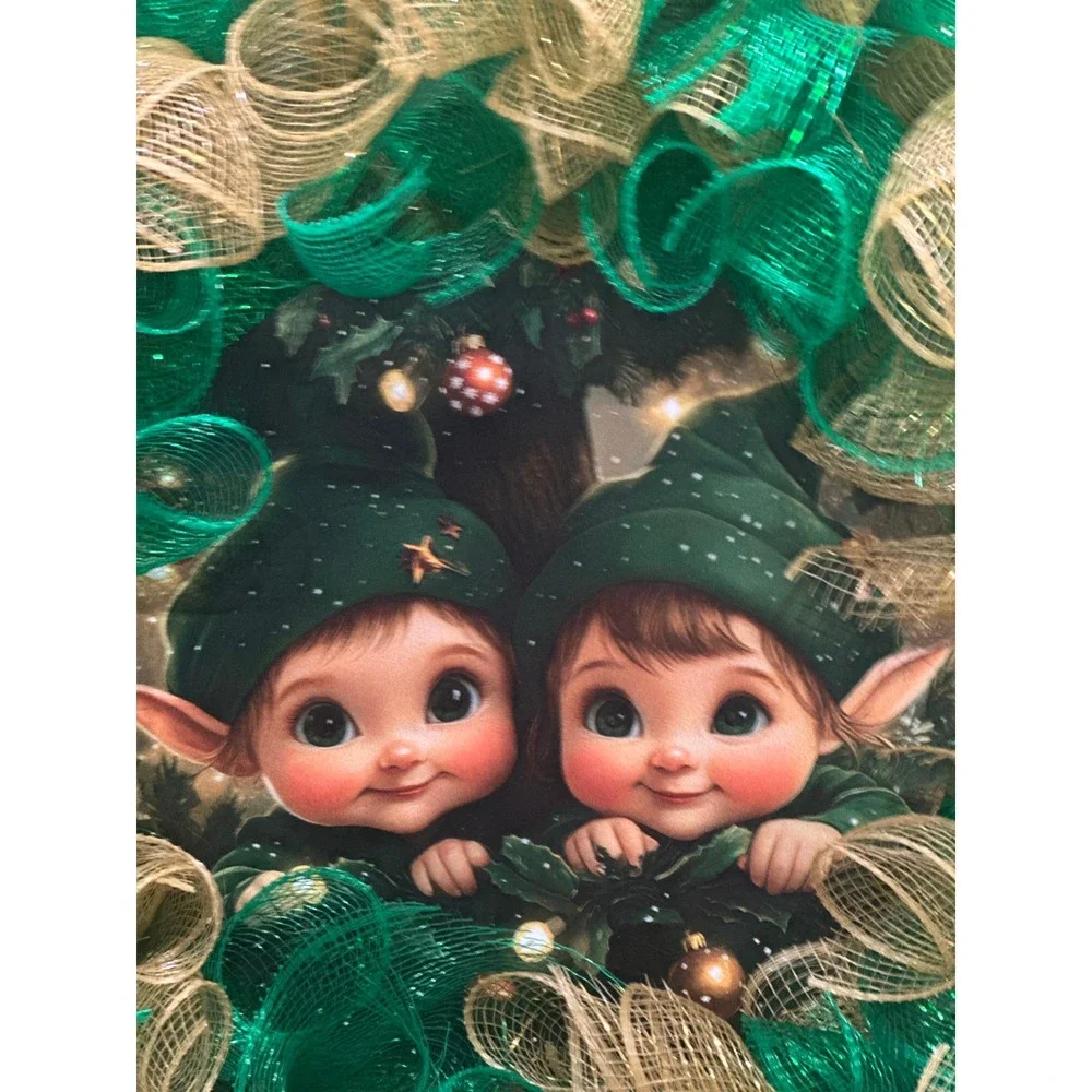 Christmas Elf Deco Mesh Wreath Green Gold Holiday Front Door Decor Handmade